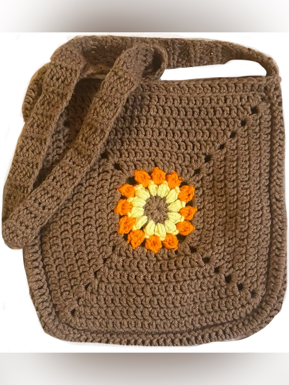 Handmade Brown Crochet Shoulder Bag with Yellow & Orange Flower Front and Back